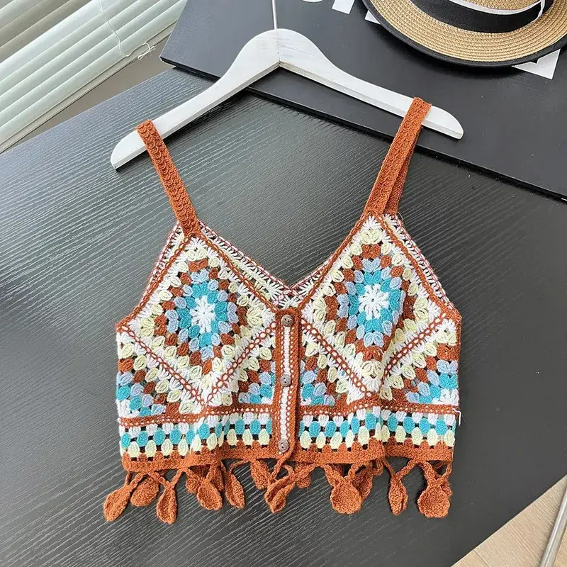Colorful Patched Crochet Knit Cami Top Fringed Strap Crop Tank Top for Women Teengirl Summer Boho Vacation Beach Wear — image 8