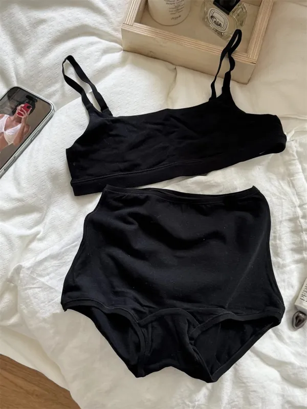 Vintage Cotton Thể Thao Bộ Áo Ngực Người Phụ Nữ Điều Chỉnh-Dây Đeo Áo Ngực Đúc + Eo Thấp Quần Sịp Boxer Chắc Chắn Đơn Giản Độ Đàn Hồi Cao bộ Đồ Lót Ren — image 7