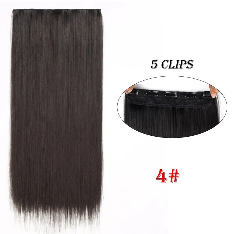 One Piece Clip In Hair Extensions 24" Straight Thick Synthetic Clip In Hairpieces Highlights Black Brown Soft For Women Daily