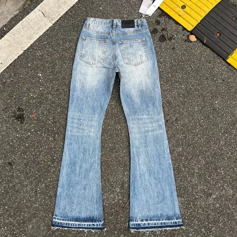 重水洗復古藍色墨水潑墨微喇叭牛仔褲男女直筒寬鬆牛仔褲長褲靴型 — image 5