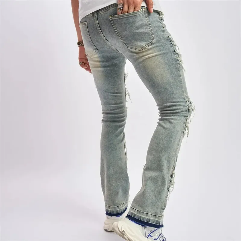 Ripped Men's Jeans Stretchy Denim Streetwear Tearing Patchwork Holes Ripped Denim Loose Casual Pants Slim Fit Straight Trousers — image 9