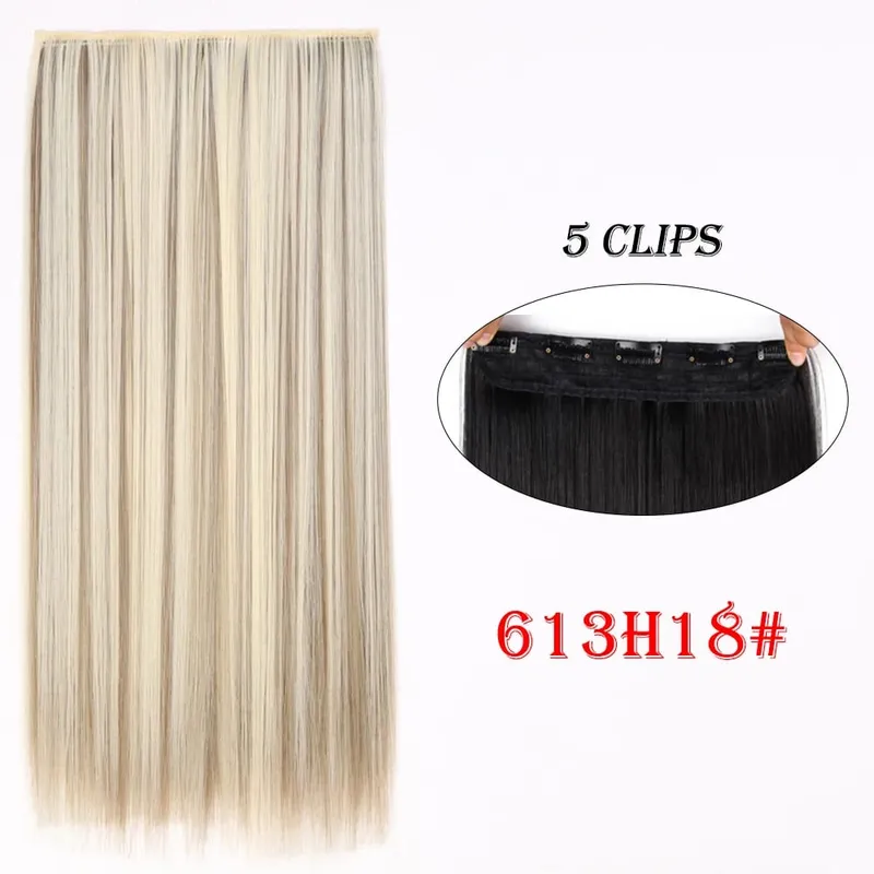 One Piece Clip In Hair Extensions 24" Straight Thick Synthetic Clip In Hairpieces Highlights Black Brown Soft For Women Daily