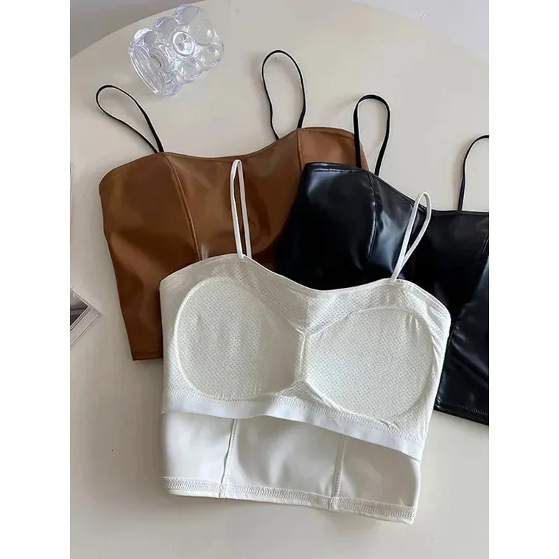 Women PU leather camis underwear padded bra sexy tops Y2K crop tops elastic lace at back tank tops for women streetwear — image 2