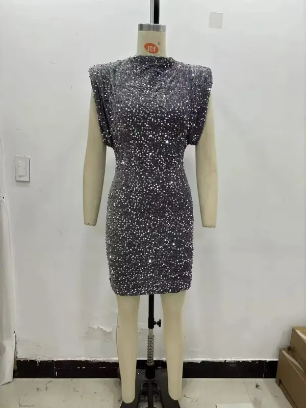2026 Spring Women Sequined Party Dresses Shoulder Pad Sheath Mini Dress Sleeveless Valentine‘s Day Women Elegant Dresses — image 5