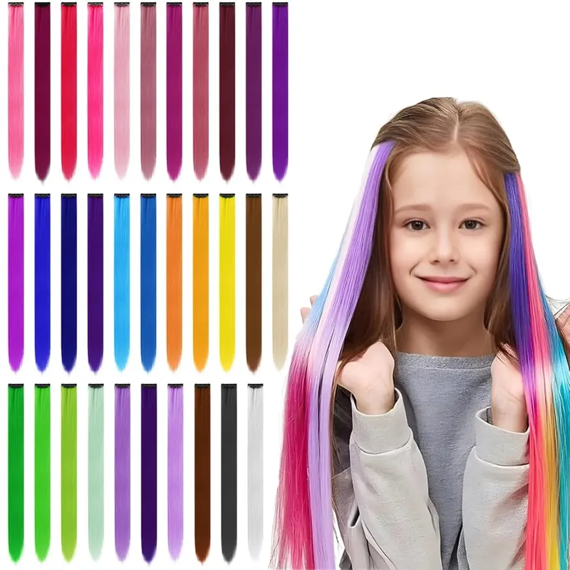 Hair Extensions Clip in 22 Inch Colored Hair Extensions Party Highlights Long Straight Synthetic Hairpieces for Women Kids Girls — image 2