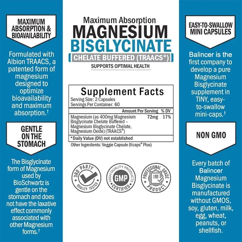 Magnesium Bisglycinate 400 Mg - 120 Vegetarian Capsules - Supports Muscle Joint and Heart Health — image 4