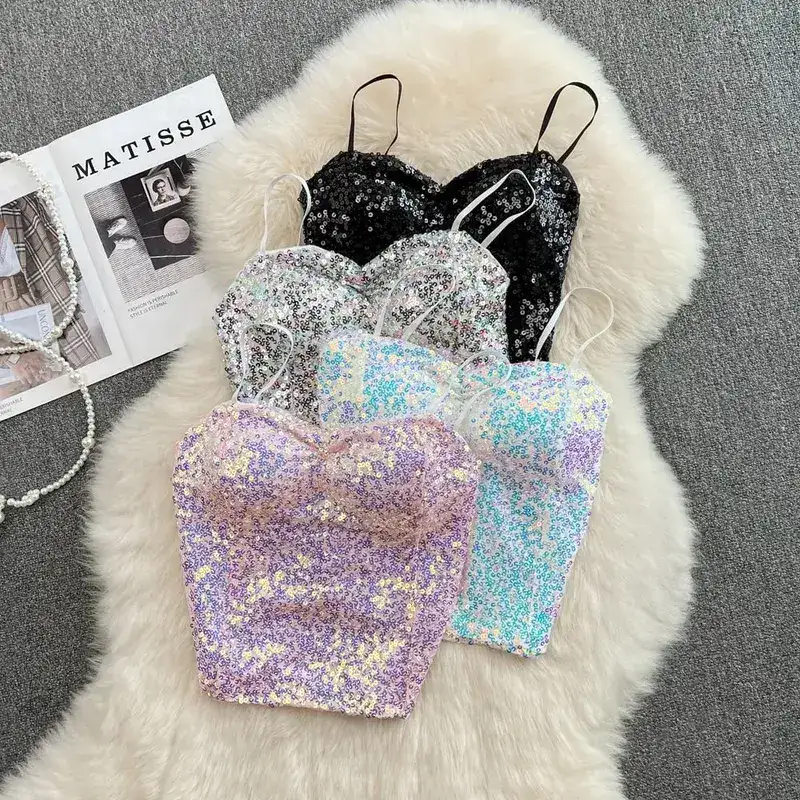 Sexy Sequin Party spaghetti Croset Bustier backless Slim Tanks and Camis Strap Glitter Crop Top Fashion Summer Women Clothes Y2k — image 7
