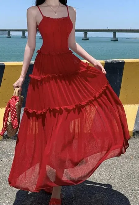 Women Strap Sleeveless Ruffles A-line Midi Maxi Long Dress 2025 Summer Beach Holiday Vacation Vestidos Dresses — image 10