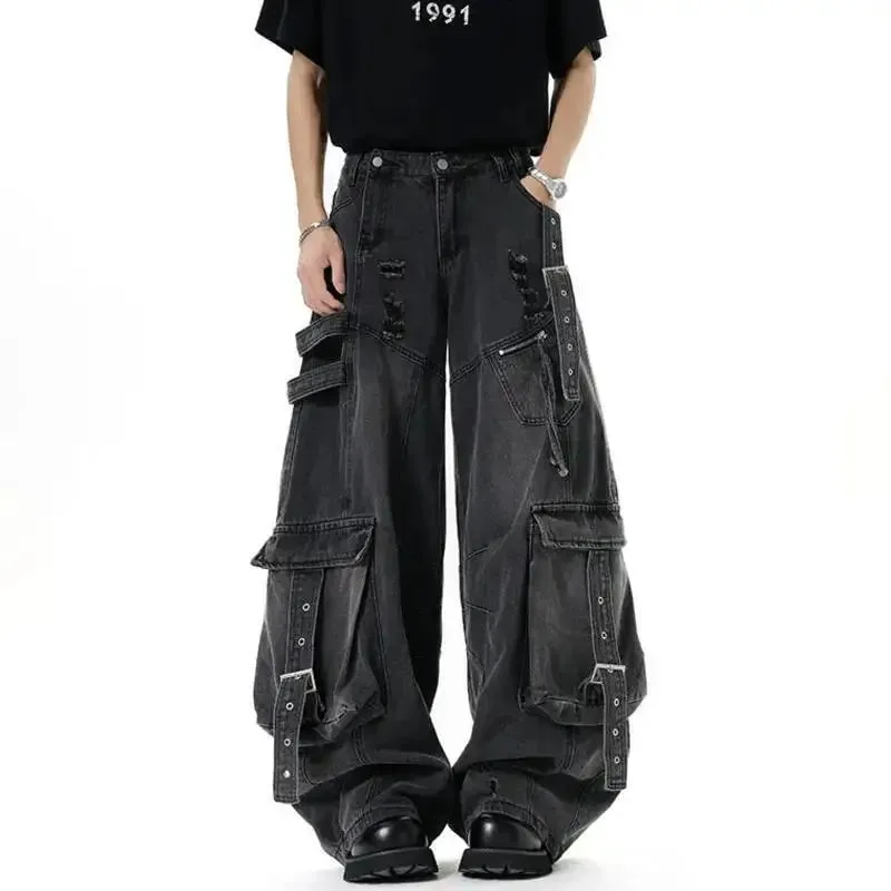 American Style Men's Jeans Solid Color Multi Pockets Casual Worn-out Trousers Deconstruction Wide Leg Denim Pants 9W4066