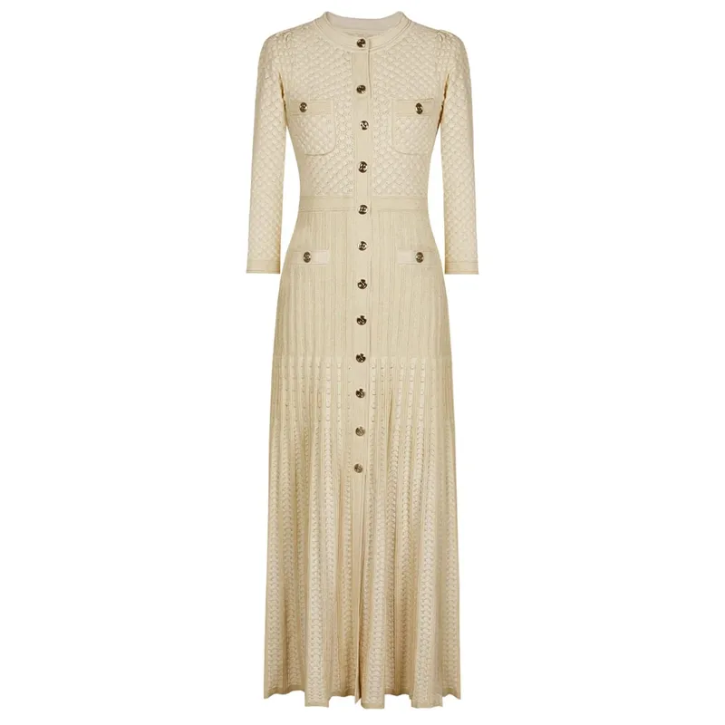 High Quality Fashionable Elastic Bright Silk Knitted Round Neck 7-inch Sleeve Single Row Button Lace Slim Fit Women's Dress — image 8