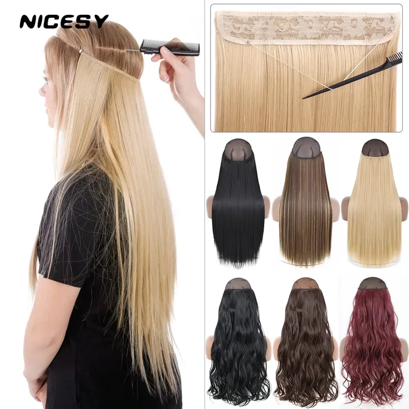 Synthetic No Clips Invisible Wire Hair Extension Artificial Natural Fake False Long Short Straight Hairpiece Blonde For Women — image 2
