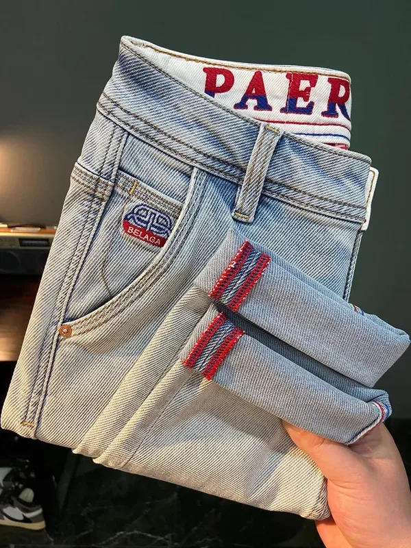 Printed Embroidered Summer Trendy Brand Jeans for Men Light Blue Elastic Slim Fit Small Feet Thin Pants — image 1