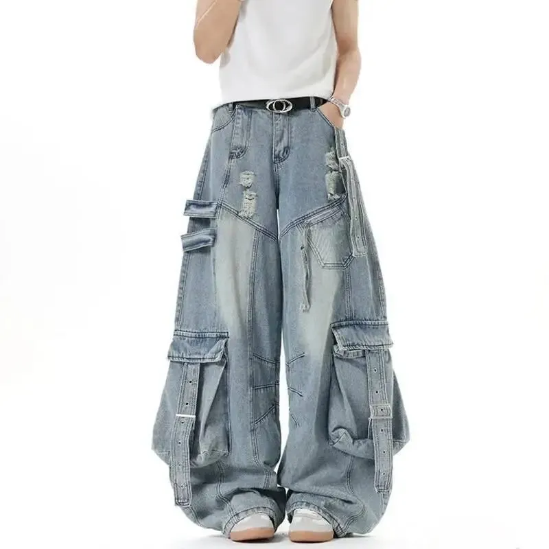 American Style Men's Jeans Solid Color Multi Pockets Casual Worn-out Trousers Deconstruction Wide Leg Denim Pants 9W4066 — image 5
