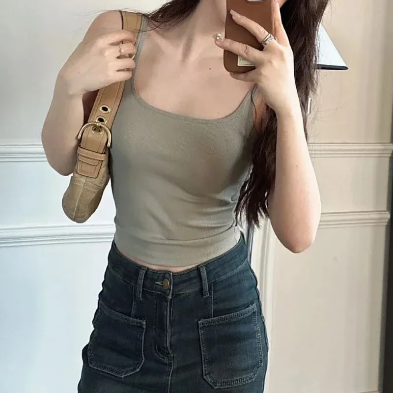 Solid All-Match Invisible Integrated Chest Pad Cami 2024 Spring New Korean Women clothes Short Sleeveless Top — image 4
