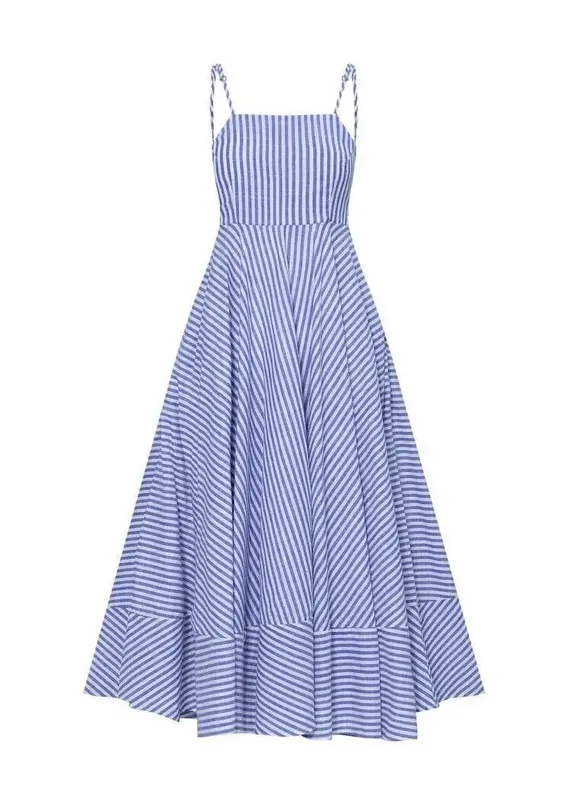 Women Dresses Camisole Dress Striped Basics Printing Boho Vestidos Loose Fit Summer 2024 Folds Pleated Spliced Ankle Length