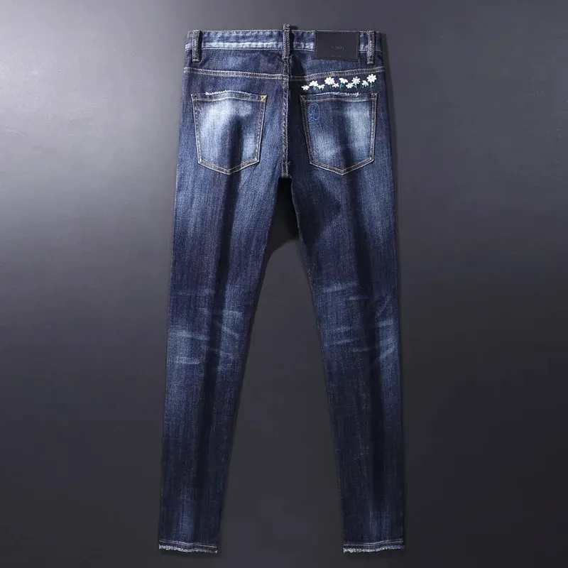 High Street Retro Blue Elastic Split Style Jeans for Men Hip-Hop Designer Embroidery Brand Tight Fit Casual Pants — image 3