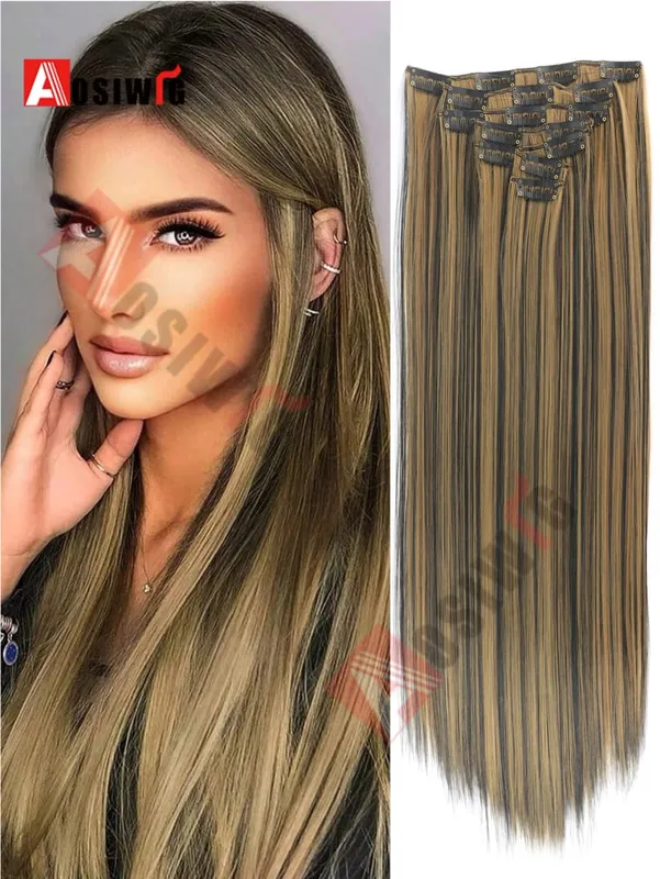 18-32Inch 16 Clips in Hair Extensions Long Straight Hairstyle Synthetic Blonde Black Hairpieces Heat Resistant False Hair Daily