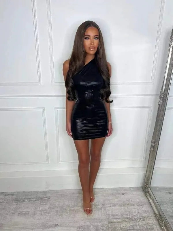 Sexy One Shoulder Bodycon Dresses For Women Solid Irregular Skinny Mini Dress Female Party Nightclub Buttocks Short Gown Vestido — image 12