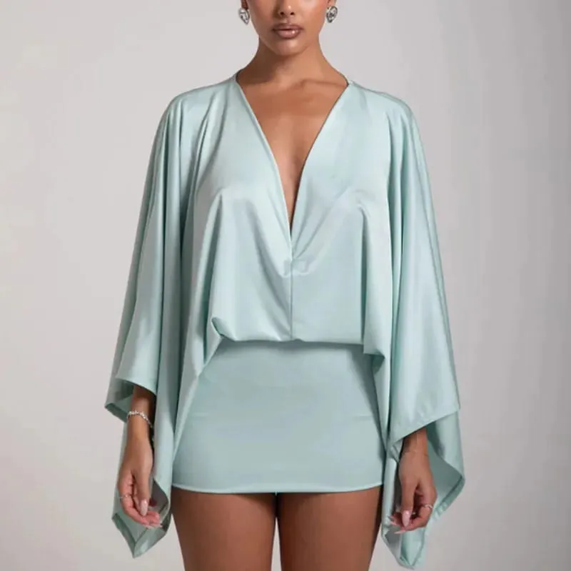 New Autumn Chic Deep V-Neck Boho Dress Retro Solid Spliced Flare Sleeve Prom Dress Spring Woman Club Elegant Slim Fit Mini Dress — image 5