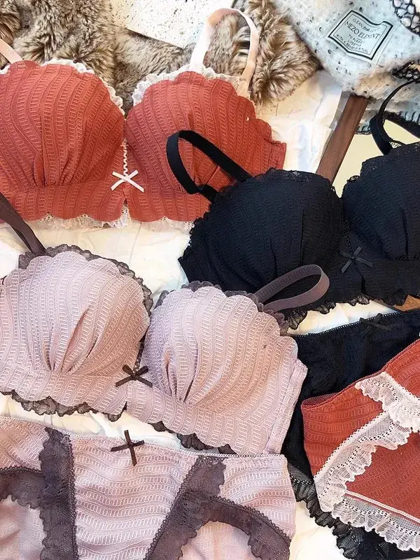Słodka kontrastowa koronkowa cienka bielizna dla młodych dziewcząt Intimates jednoczęściowy bezszwowy mały biustonosz i komplet majtek bawełniana bielizna — image 2