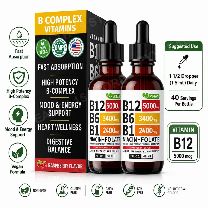 Vitamin B12 B6 tekuté kapky 60 ml B komplex s B1 Niacin Folate Malina Veganský denní wellness doplněk 40 porcí Dospělí — image 1