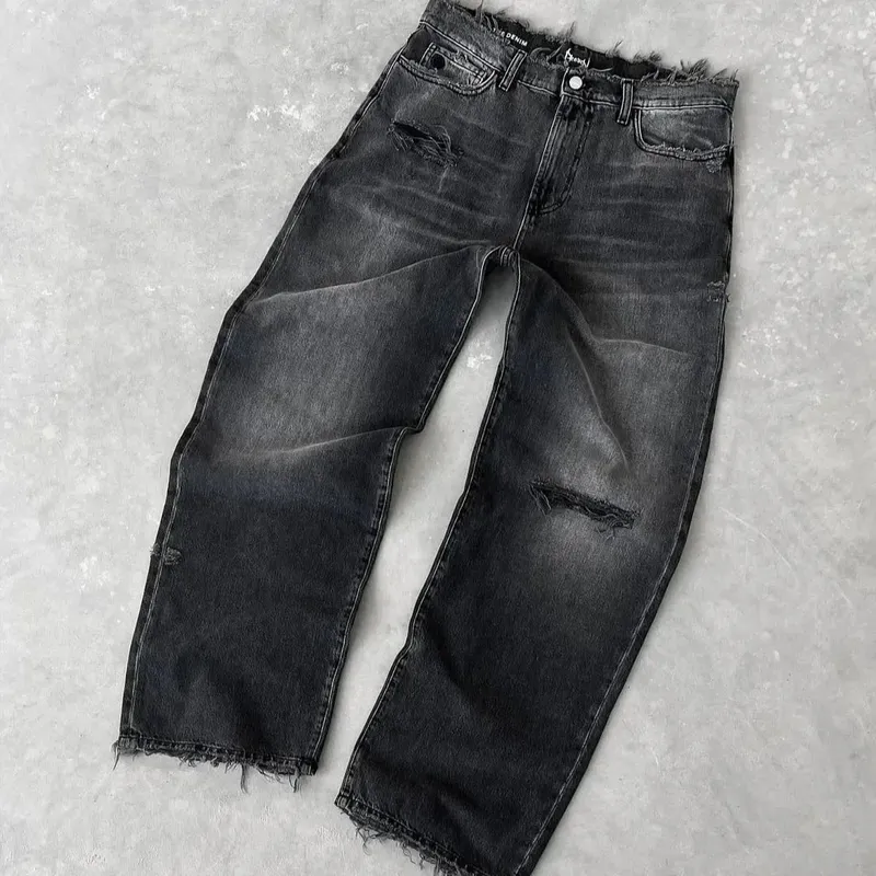 Straight Jeans Distressed Men Jean Ripped Holes Washed Denim Pants Ankle Length Loose Solid Zipper Fly Pockets Casual 2025 — image 5
