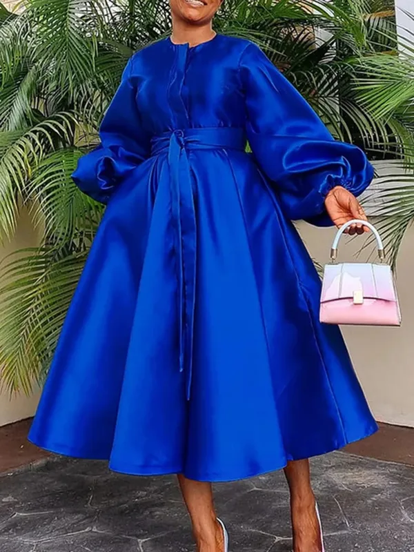 Satin Puff Sleeve Evening Dress for Women Pleated A-Line Round Neck Elegant Party Club Casual Solid Midi Dress with Belt 2025 — image 3