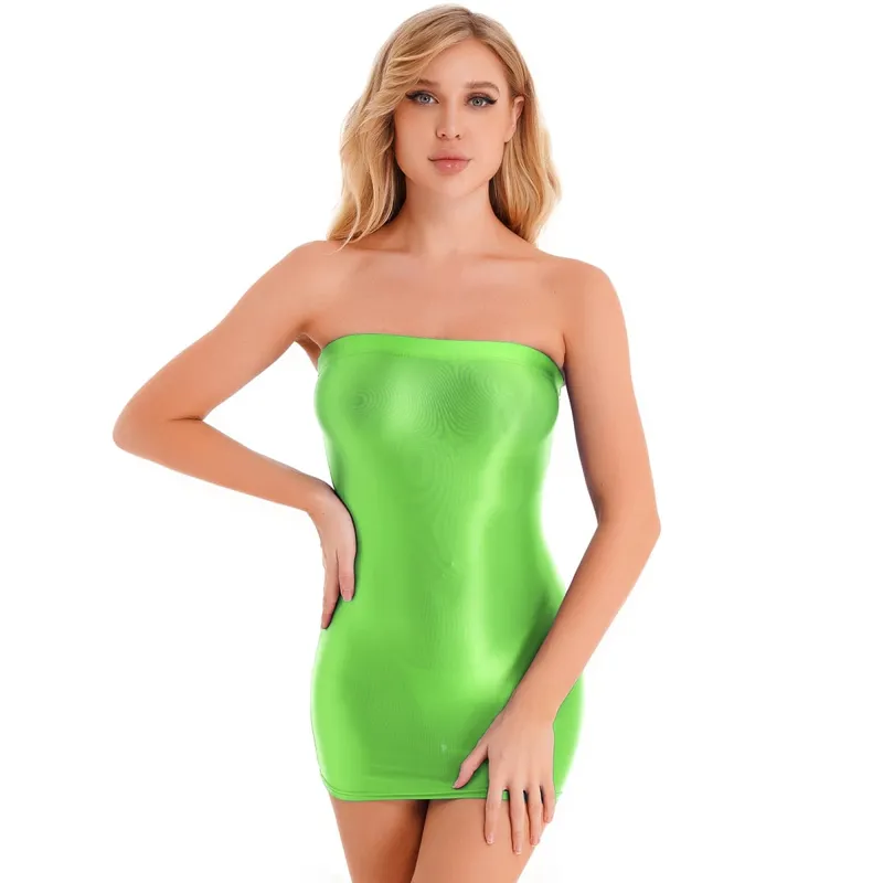 Womens Oil Glossy Strapless Pencil Dress Solid Color Tight Fitting Stretchy Bodycon Mini Dresses Night Club Costume Nightwear — image 13