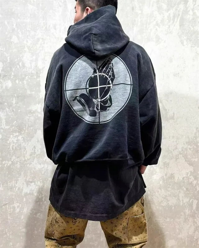 2025 Saint Star Pattern Printed Pure Cotton Washed Vintage Hoodie High Street Casual Loose Fashion Fleece Oversize Trendy Tops