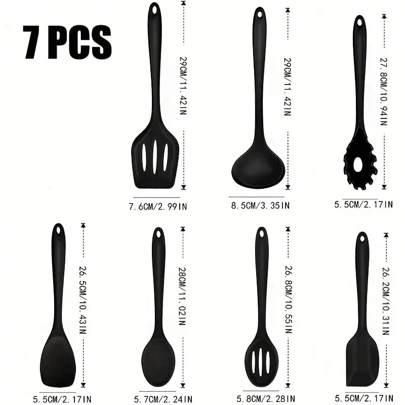 1 /7-Piece Silicone Kitchen Utensil Set - Non-Stick Spatula Spoon Skimmer Pasta Clip & More for Cooking & Baking — image 2