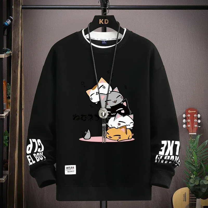 Spring Men's Sweatshirt Japan Cartoon Cats Printed Long Sleeve T-shirt Fashion Men's Clothing Khaki O Neck Harajuku Top 2024 New — image 1