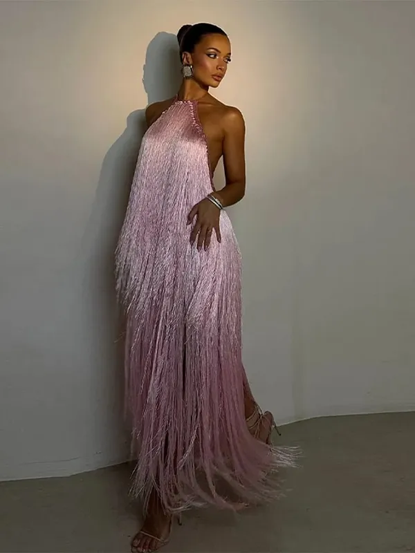 Vestido de festa feminino halter sem mangas sem costas borla sólida feminino longo vestidos de férias 2026 moda verão elegante senhora robe — image 1