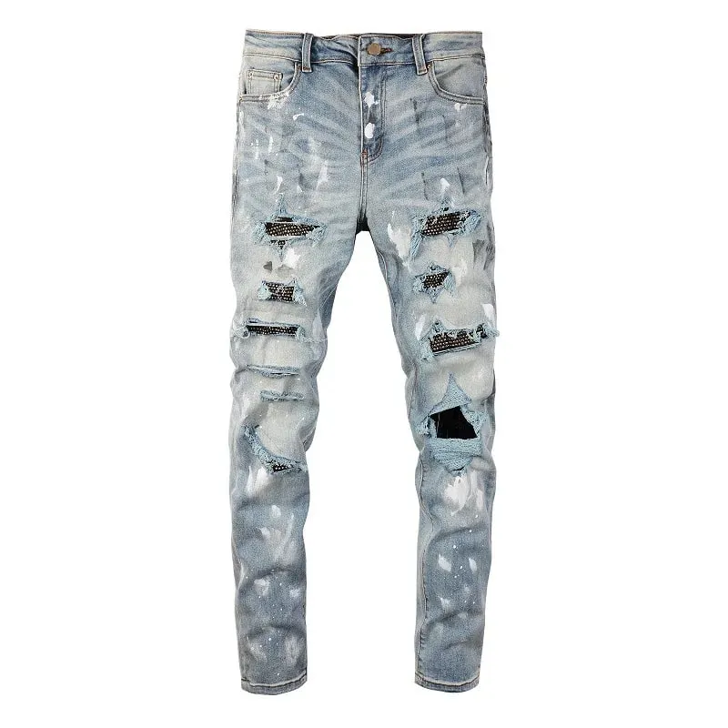Blue High Street Holes Transparent Crystals Patchwork Stretch Slim Fit Rhinestones Patches Distressed Ripped Graffiti Jeans Men