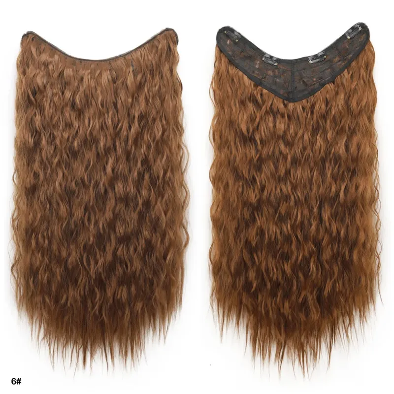 Jeedou Synthetic Long Deep Wavy Hair Extension V-Shape One Piece Clip-In Hairpiece with 4 Clips Brown Color for Girls