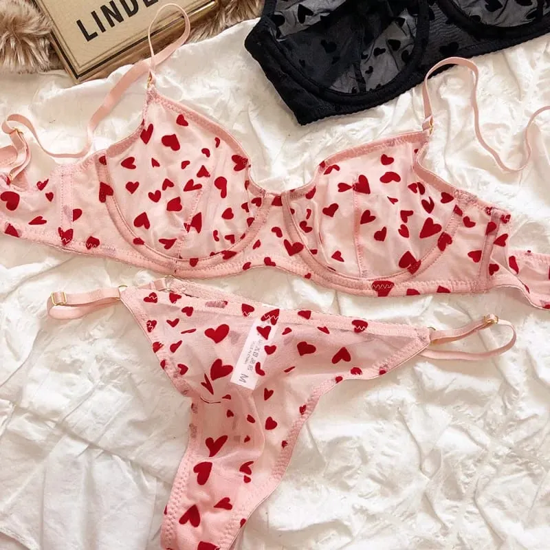 2 Pieces Lingerie Set Sexy Ultra Thin Breathable Brassiere for Women Push Up Bra Set Summer Mesh Romantic Peach Heart Intimates — image 10