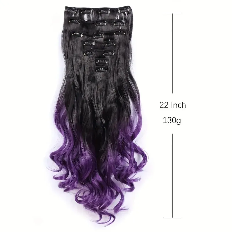 Clip in Hair Extensions Ombre Color Synthetic 7pcs Set Wavy Curly Hairpieces Black to Purple For Women Girls — image 3