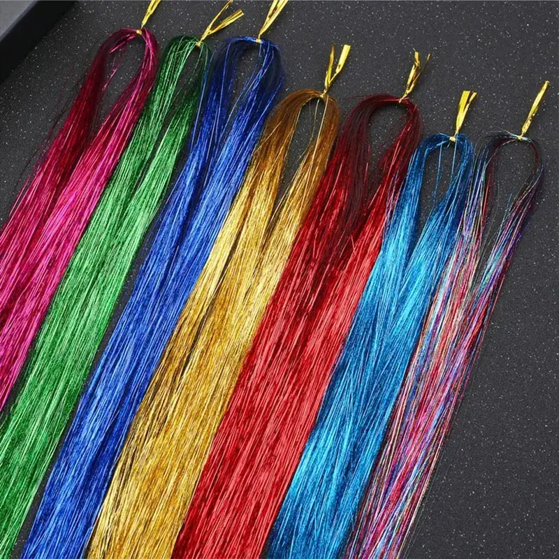 110cm Colorful Shiny Threads Glitter Hair Tinsel Kit Gold Purple Blue Silk Hair Glitter String Extensions Accessories for Women — image 4