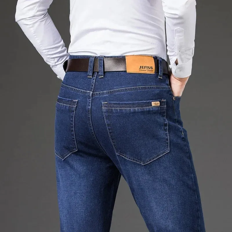 Large Size 40 42 44 46 2025 New Business Casual Stretch Trousers Classic Blue Denim Pants Male Men's Loose Straight Jeans — image 2