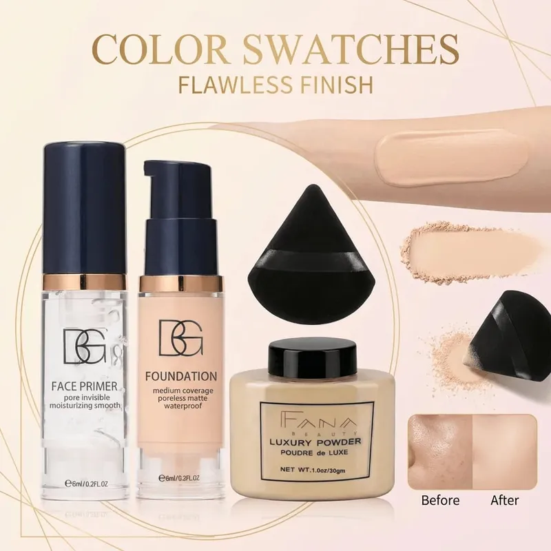 4-Pcs Set Face Makeup Bundle - Smoothing Primer Matte Foundation Setting Powder with Puff - Long-Lasting Waterproof Value Pack — image 5