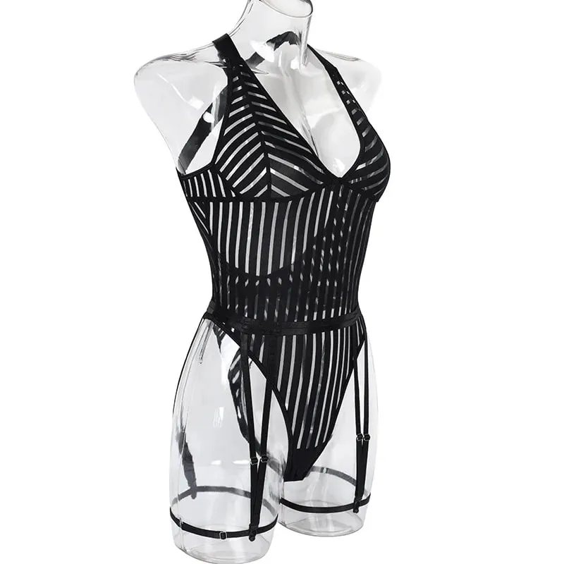 Striped Lace Patchwork Sexy Bodysuit for Women Bodycon Spaghetti Straps Backless Lingerie Body with Garters Nightclub Outfits