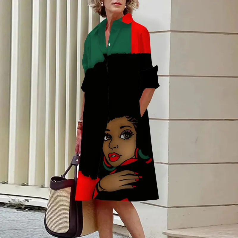 Women's Long Work Dresses Turtleneck High Waist Tie Button Face Pattern Printed Shirt Dresses Button Loose Spring and Summer — image 8