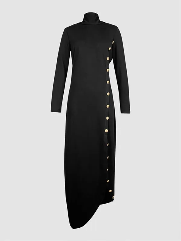 Elegant Women's Buttoned Split-Side High Neck Evening Black Dress 2026 Fashion Long Sleeves Loose Commuter Office Maxi Dresses — image 3