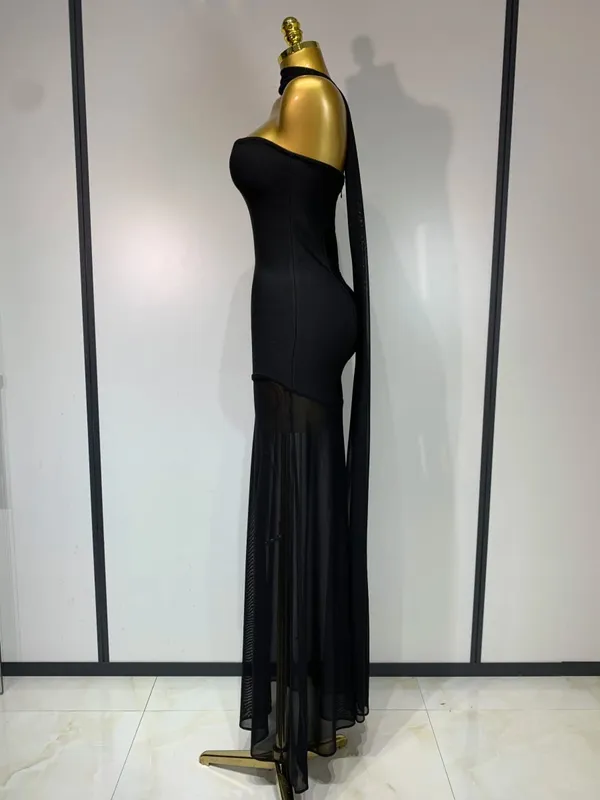 Sexy Strapless Long Bandage Dress Black Mesh Patchwork Elegant Women Blackless Evening Party Gowns Bodycon Birthday Dresses — image 3