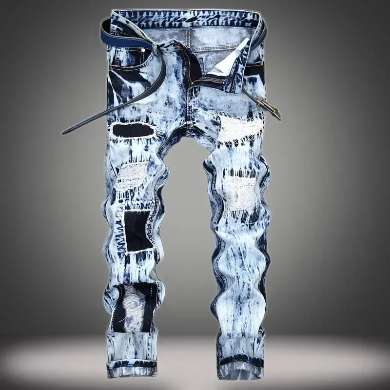 Men's Embroidered Patchwork Ripped Jeans (without Belt) Slim Fashion High Street Motorcycle Denim Pants Male Designer Clothes — image 7