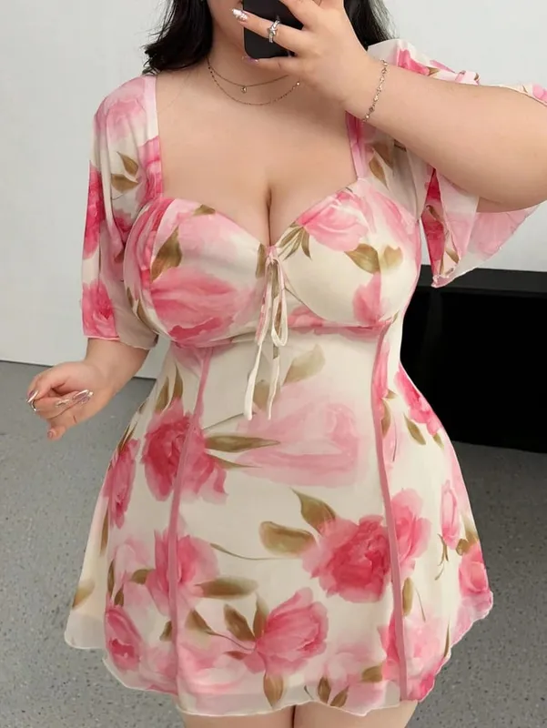 Plus Size Romantic Floral Pink Yellow Ruffle Sleeve Dress Short Sleeve V Neck Waistband Fitted Tiered — image 3