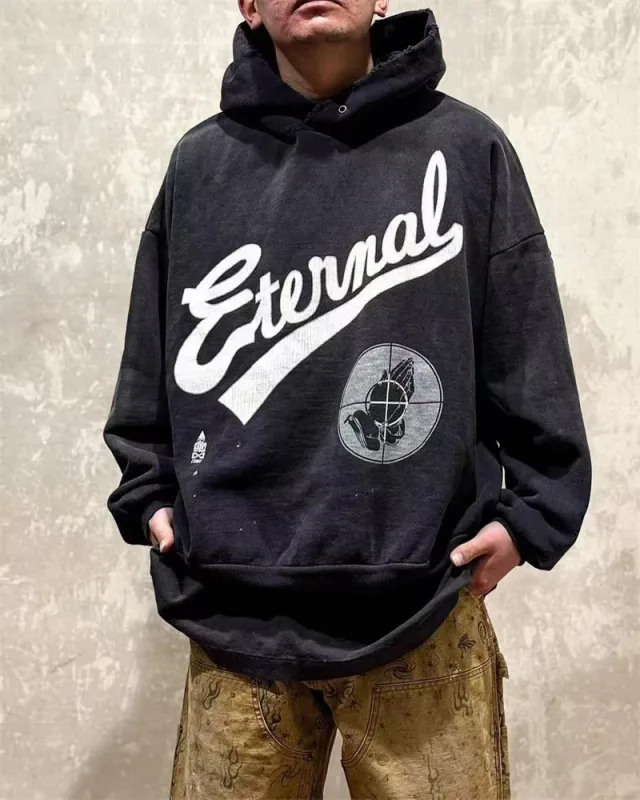 2025 Saint Star Pattern Printed Pure Cotton Washed Vintage Hoodie High Street Casual Loose Fashion Fleece Oversize Trendy Tops
