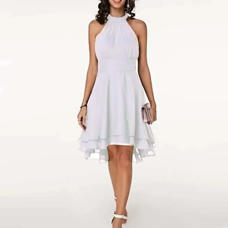 Abito elegante da donna Abito estivo solido a vita alta senza maniche con scollo all'americana Abiti longuette da donna in chiffon a strati ritagliati — image 12