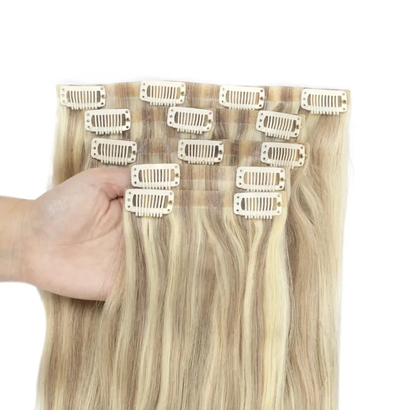 Bezešvé PU prodlužování vlasů Clip In Skutečné přírodní Neviditelné PU pásky Útkové Clip Ins Stroj Remy 12-24inch Invisible Clip Ins 7PCS