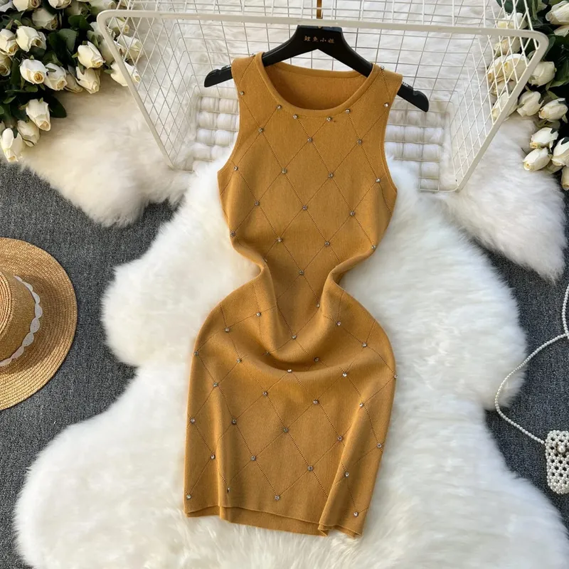 Beading Summer Women's Knitting Sheath Tank Dress Female Bodycon Knitted Camisole Sleeveless Mini Dresses For Woman Outfits