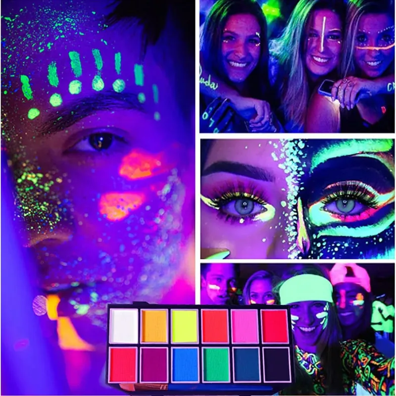 Professional Body Art 12 Colors Pastel Neon UV Color Rainbow Split Cake Face Paint Palette for Halloween Christmas